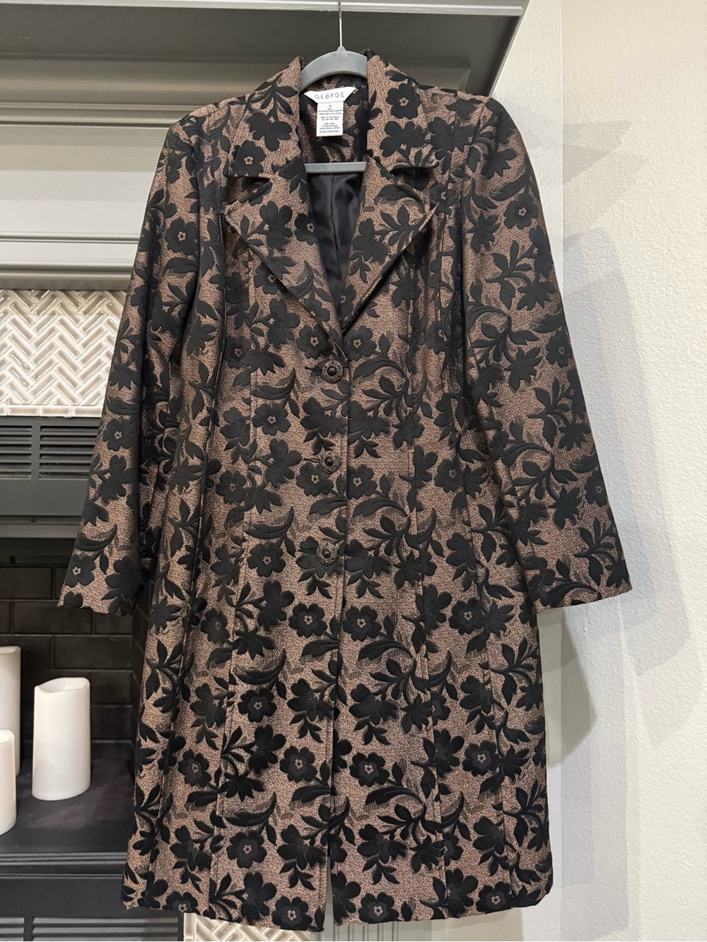 George Black Floral Jacquard Coat - Black and Taupe
